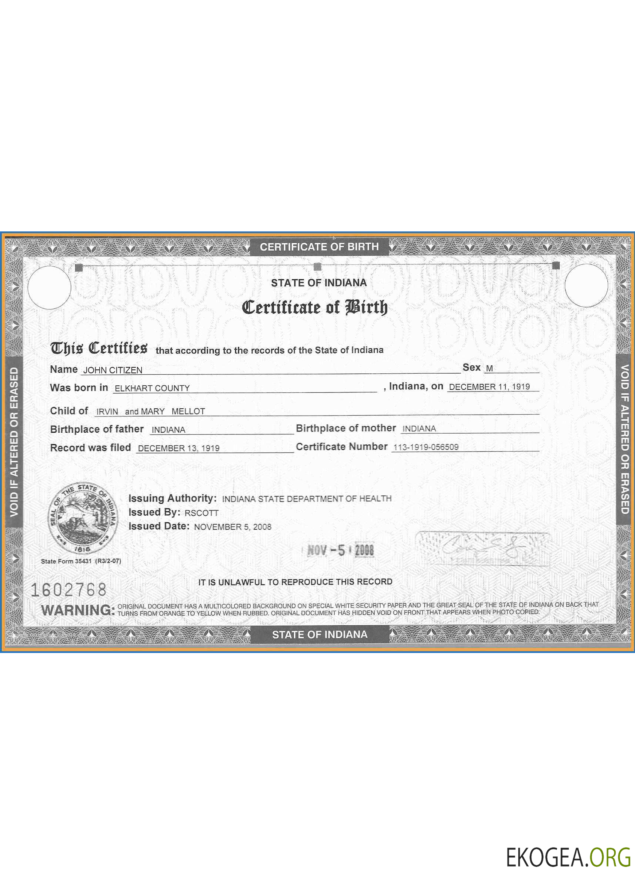 Acte de naissance aux États Unis, Indiana